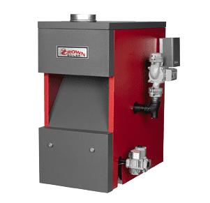 A red and gray gas fired boiler with valves.