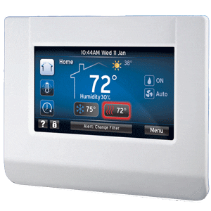 A white thermostat with the screen displaying the temperature.